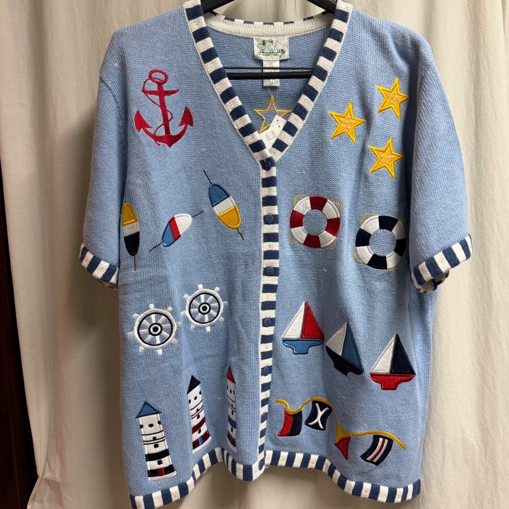 Quacker Factory Nautical Embroidered Cardigan Sweater Blue Short Sleeve 2X NWT